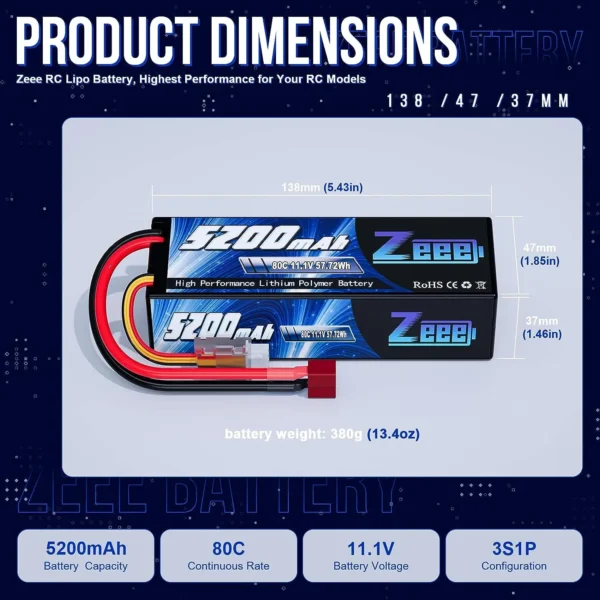 Batterie Lipo 3S 11.1V 5200mAh 80C avec Boîtier Rigide et Prise Deans Zeee vue 2