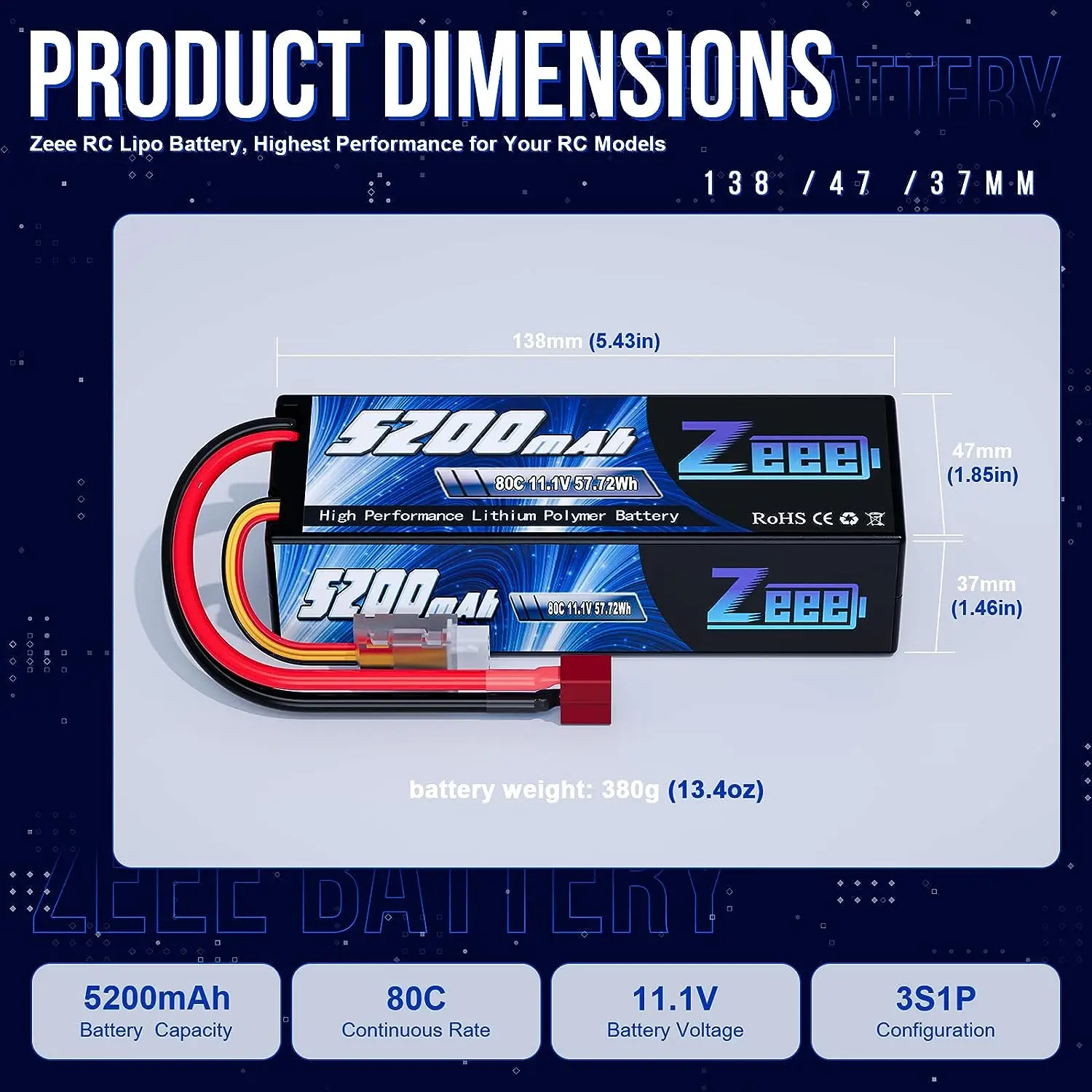 Batterie Lipo 3S 11.1V 5200mAh 80C avec Boîtier Rigide et Prise Deans Zeee vue 2