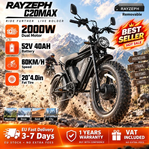 Vélo Électrique Adulte Tout-Terrain Rayzeph C20Max - Double Moteur 2000W et Batterie 52V 40Ah