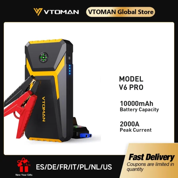 VTOMAN V6 Pro Démarreur de Secours et Batterie Externe 2000A pour Véhicule