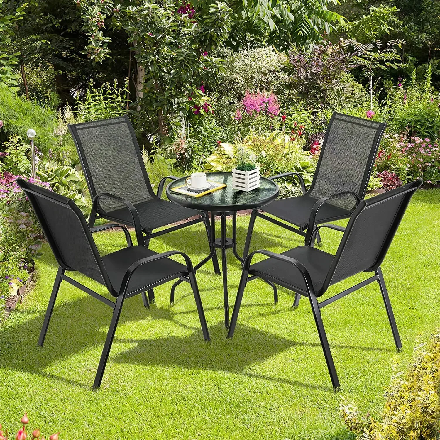 Lot de 4 Chaises de Jardin Pliantes en Acier et Tissu Teslin - Noir image 7