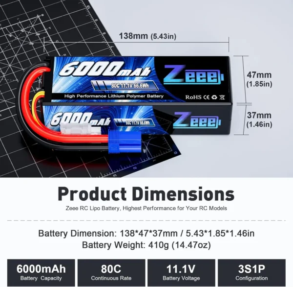 Batterie Lipo 3S 11.1V 6000mAh 80C avec Boîtier Rigide et Prise EC5 Zeee vue 2