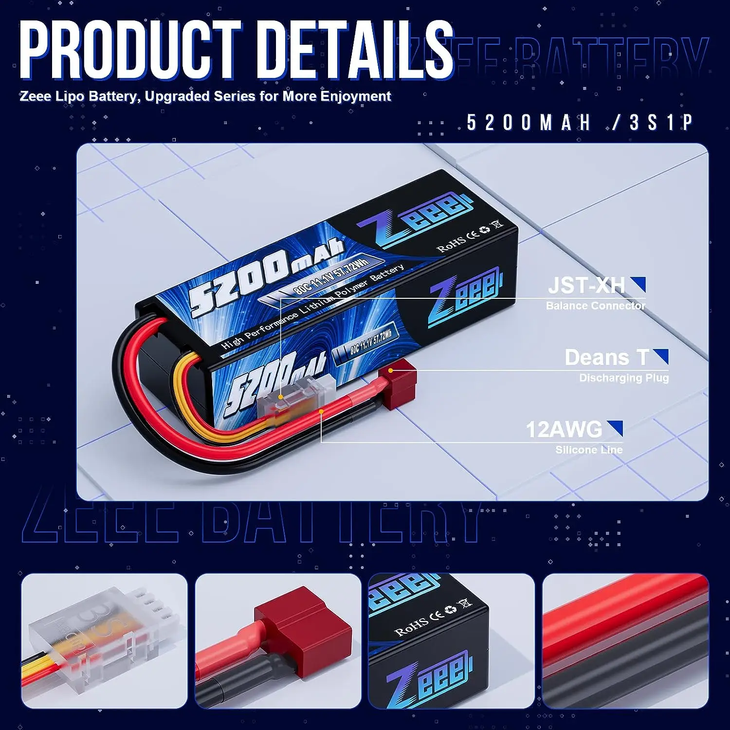 Batterie Lipo 3S 11.1V 5200mAh 80C avec Boîtier Rigide et Prise Deans Zeee image 3