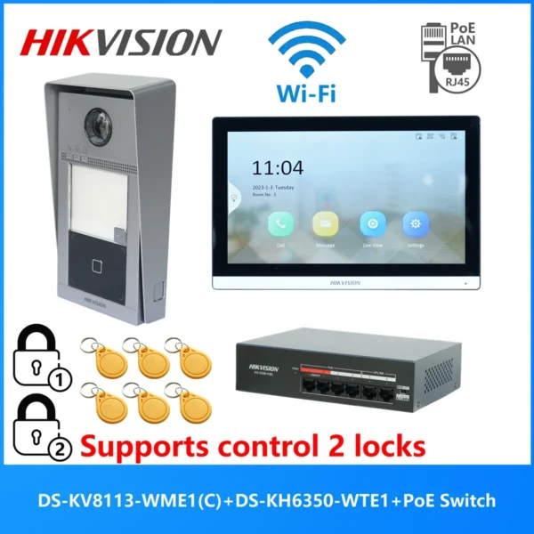 KIT Interphone Vidéo PoE Multilingue HIKVISION avec Commutateur et Écran