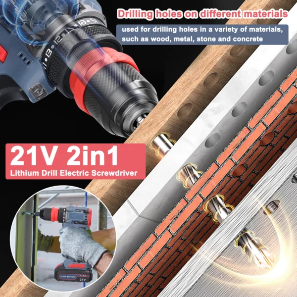 Perceuse-visseuse sans fil 21V 2 en 1 avec moteur sans balais et couple de 55Nm vue 2