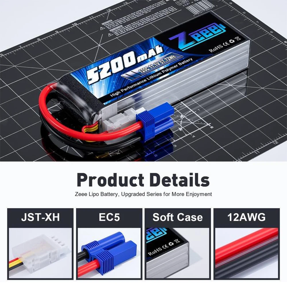 Lot de 2 Batteries Lipo Zeee 3S 11.1V 5200mAh 120C avec Prise EC5 image 3