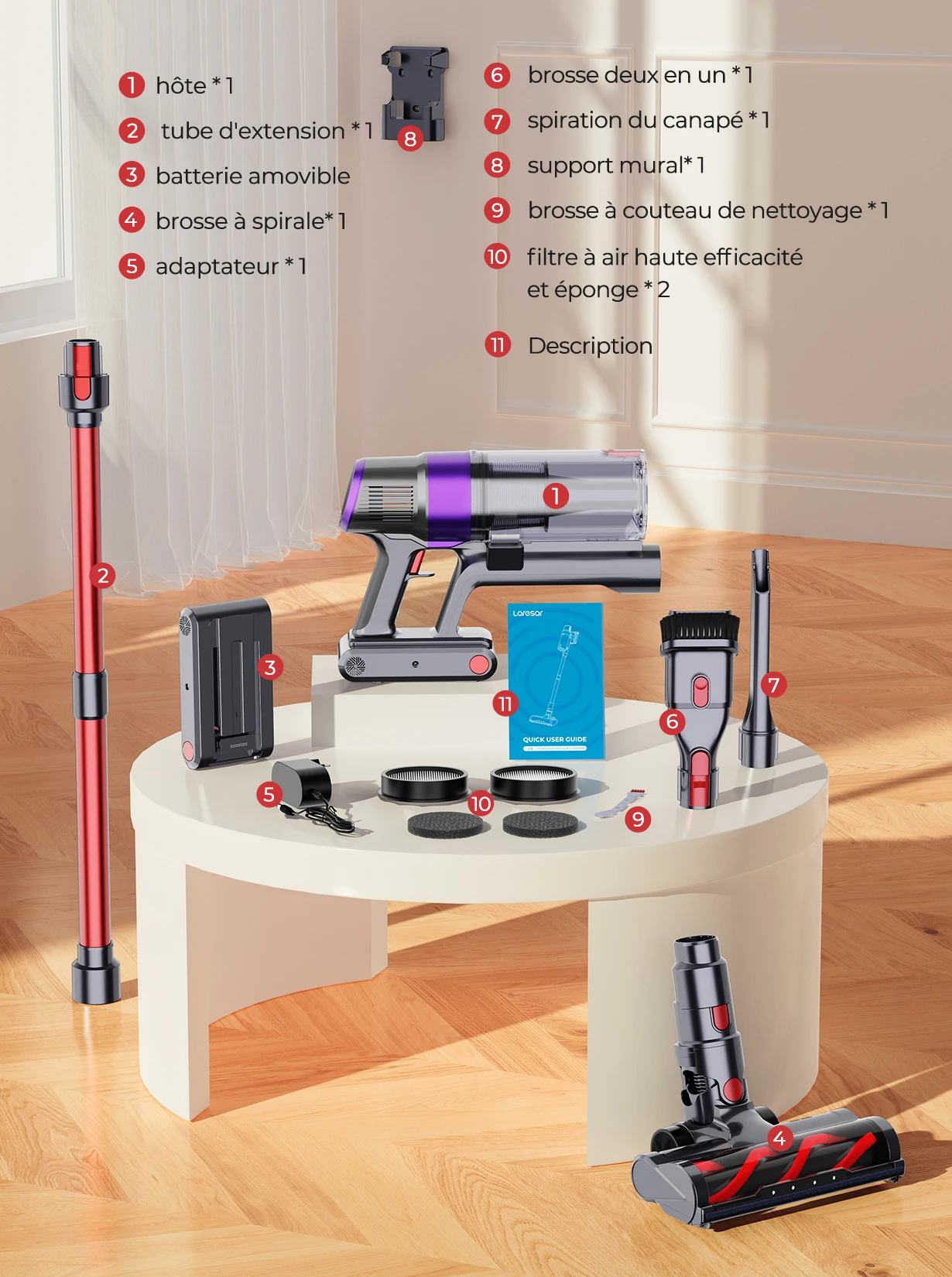 Aspirateur sans fil LARESAR V8 Elite 8 Car - Moteur 500W et 48Kpa image 6