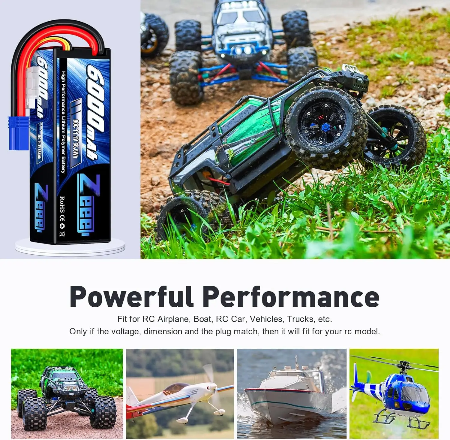 Batterie Lipo 3S 11.1V 6000mAh 80C avec Boîtier Rigide et Prise EC5 Zeee image 4