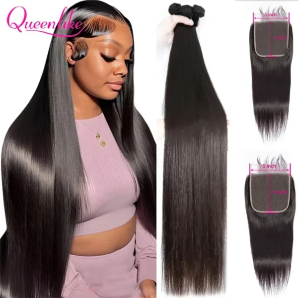 Paquets de Cheveux Humains Lisses avec Fermeture Frontale Queenlike