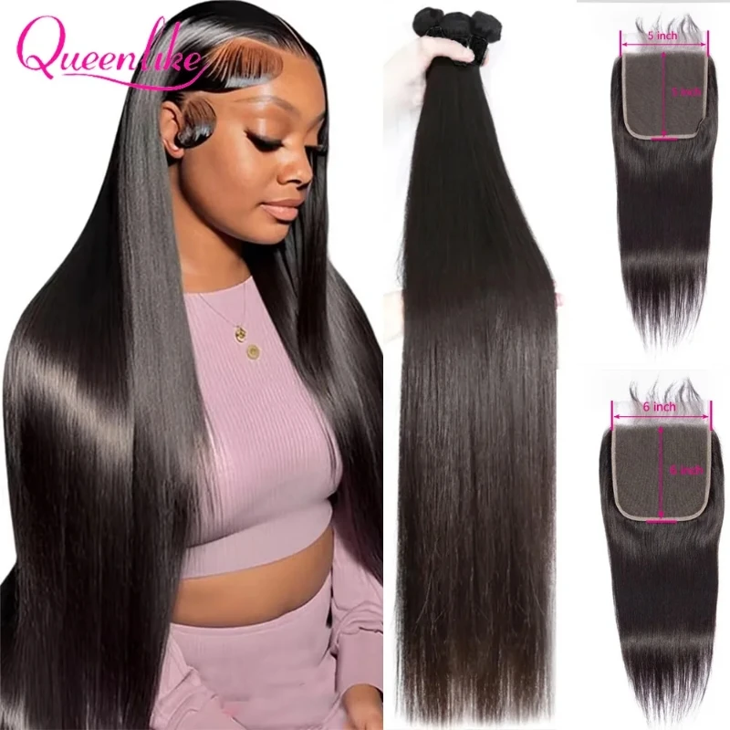 Paquets de Cheveux Humains Lisses avec Fermeture Frontale Queenlike