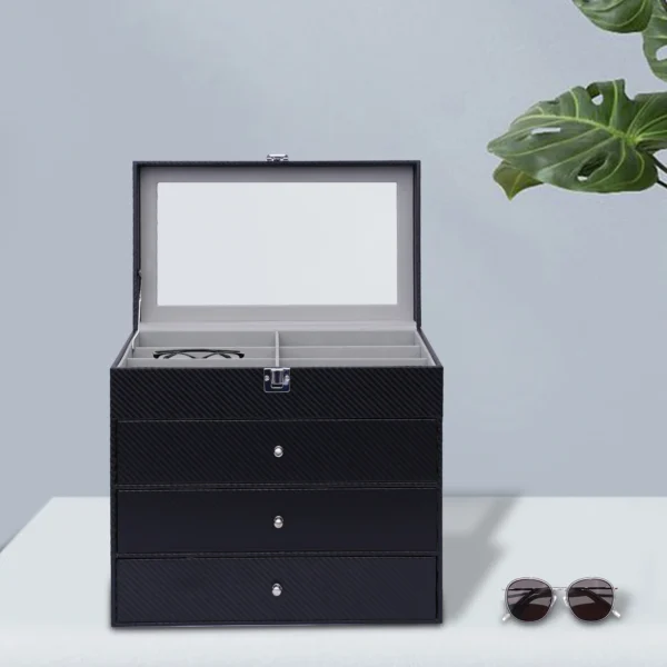 Boîte de Présentation de Lunettes à 4 Niveaux avec Dessus en Verre et Revêtement PU