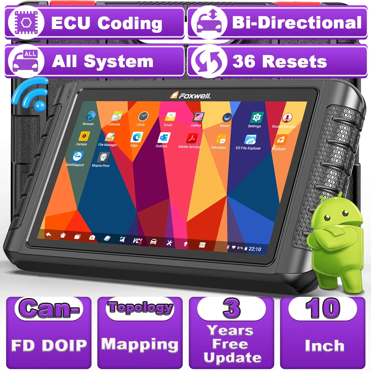 Scanner de diagnostic automobile FOXWELL OBD2 - Tablette 10,1 Pouces avec Codage ECU et Contrôle Bidirectionnel