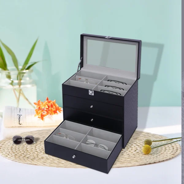 Boîte de Présentation de Lunettes à 4 Niveaux avec Dessus en Verre et Revêtement PU vue 2