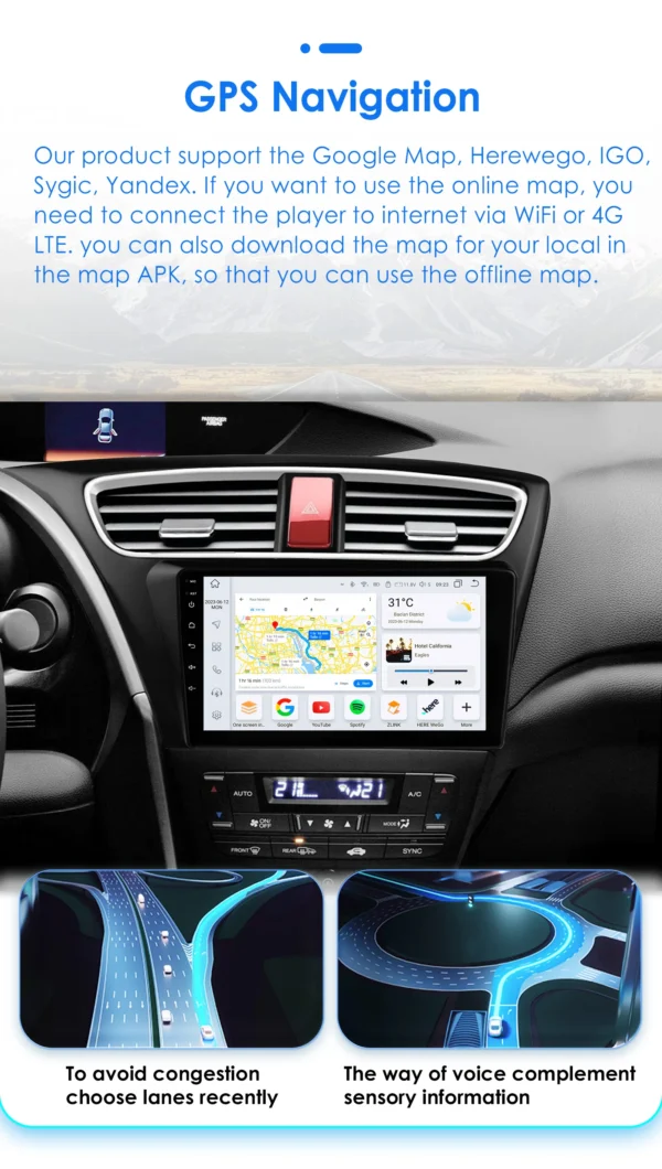 Autoradio Multimédia Android 12 avec GPS et Écran Stéréo pour Honda Civic 9 vue 2