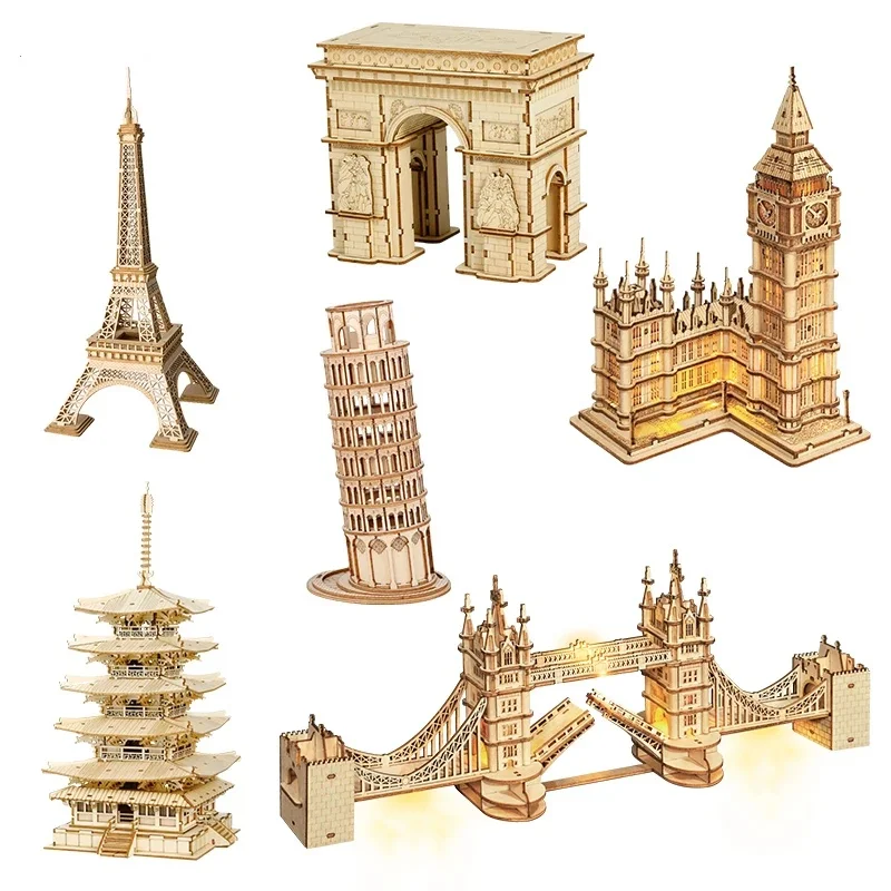 Jeu de Puzzle 3D en Bois - Monuments Célèbres avec Éclairage LED