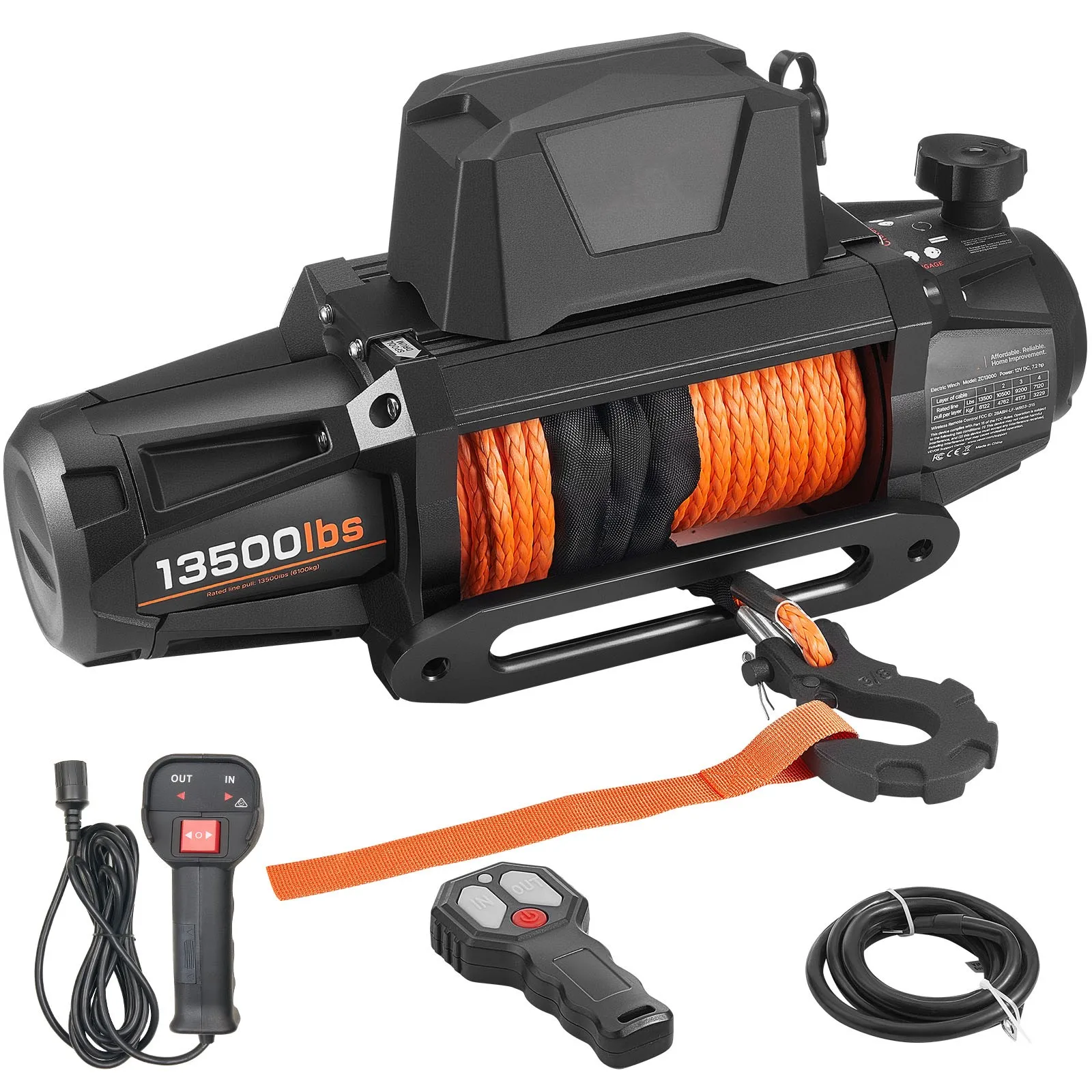 Treuil Électrique 13500 LBS 12V avec Corde Synthétique pour Véhicules Tout-Terrain et Remorques