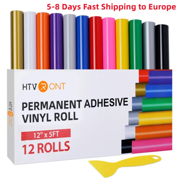 Lot de 12 Rouleaux de Vinyle Adhésif Permanent en Continu 12 po x 5 pi