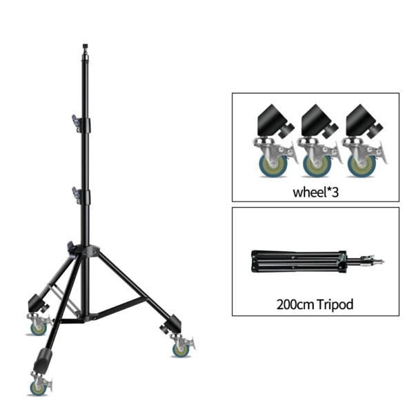 Trépied de studio 190 cm avec tête vissée 1/4 et roulettes pour photographie et smartphone