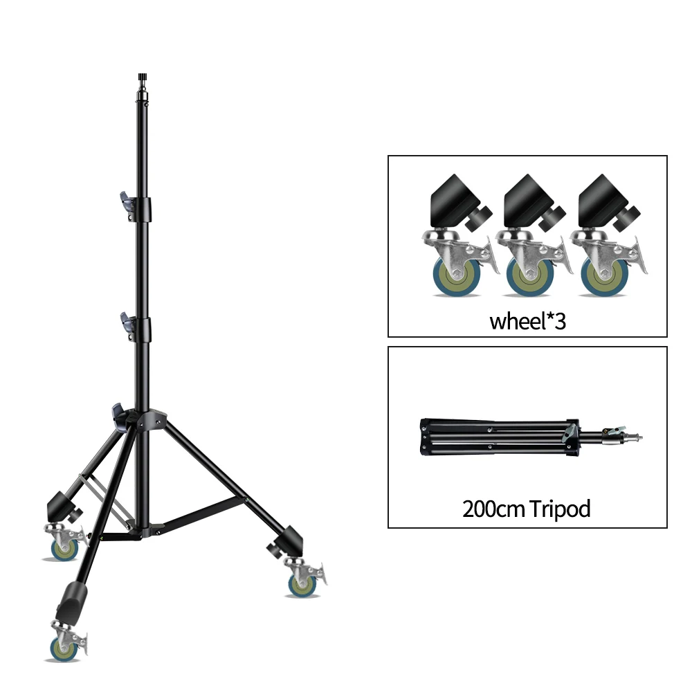 Trépied de studio 190 cm avec tête vissée 1/4 et roulettes pour photographie et smartphone