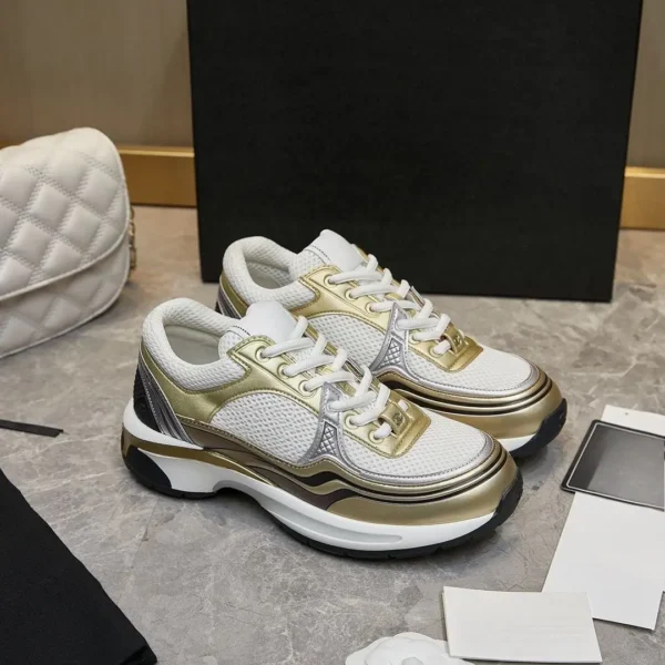 Unisex White Gold Mesh Metallic Patchwork Sneakers Lace Up Thick Chunky Sole Casual Fashion Trainers for Men Women