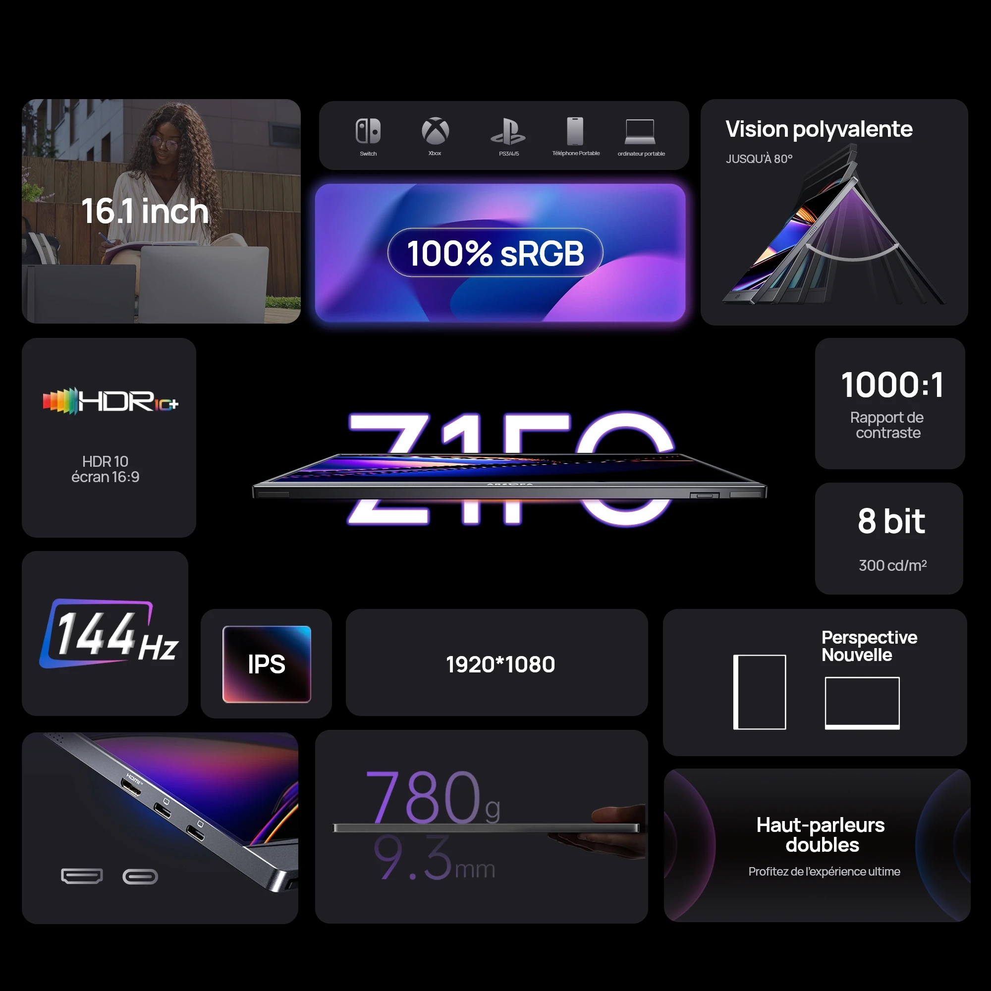 Moniteur Portable ARZOPA 16.1 Pouces 144Hz Full HD IPS vue 2