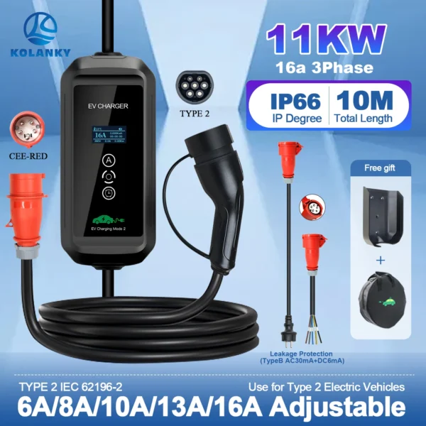 Chargeur EV Portable Kolanky 11KW 16A Triphasé Type 2 - Câble 10m pour Véhicule Électrique