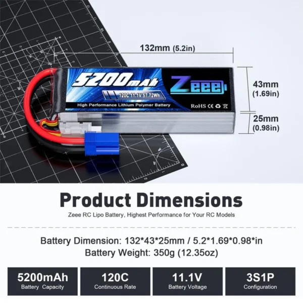 Lot de 2 Batteries Lipo Zeee 3S 11.1V 5200mAh 120C avec Prise EC5 vue 2