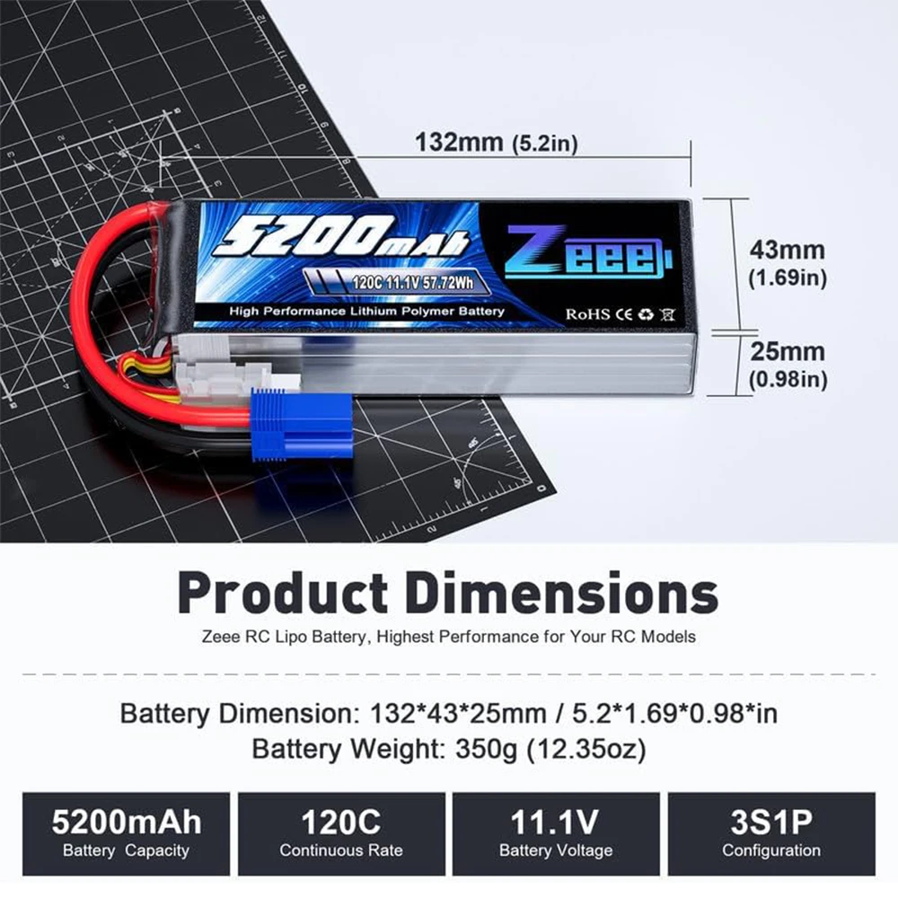 Lot de 2 Batteries Lipo Zeee 3S 11.1V 5200mAh 120C avec Prise EC5 vue 2