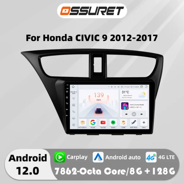 Autoradio Multimédia Android 12 avec GPS et Écran Stéréo pour Honda Civic 9