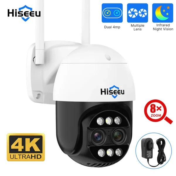 Caméra de Surveillance WiFi PTZ 4K 8MP Double Objectif Zoom 8X Vision Nocturne Extérieure