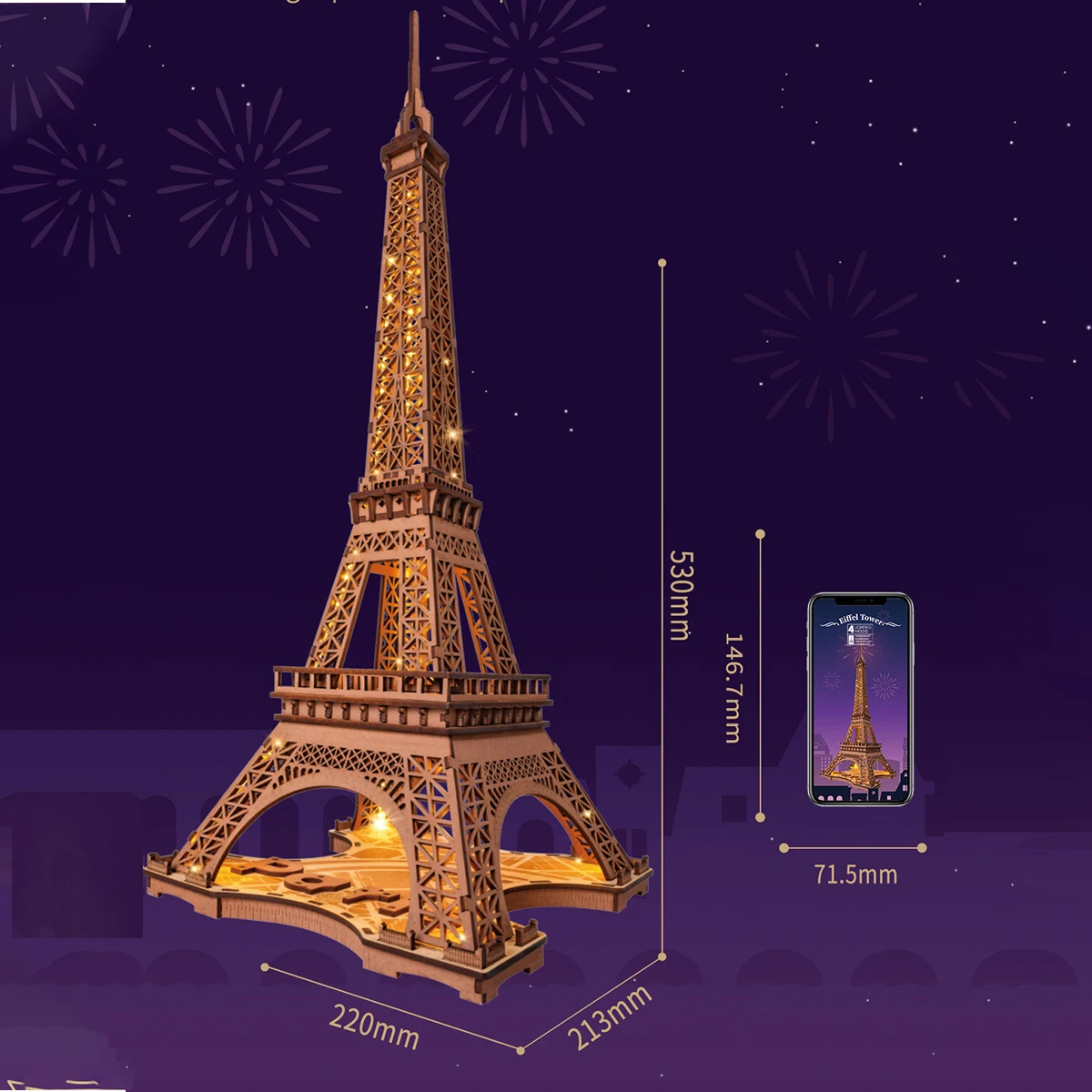 Robotime Puzzle 3D en Bois - Nuit de la Tour Eiffel 1:638 avec Éclairage vue 2