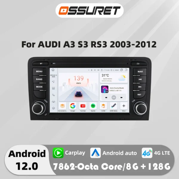 Autoradio Multimédia Écran 7 Pouces pour Audi A3 / S3 / RS3 (2003-2012) avec GPS, CarPlay et Android Auto