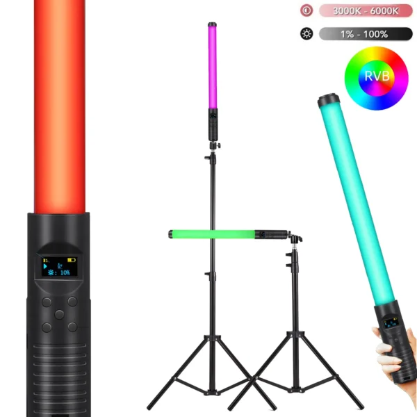 Baguette Lumineuse LED RVB Portable 50 cm avec Trépied et Télécommande