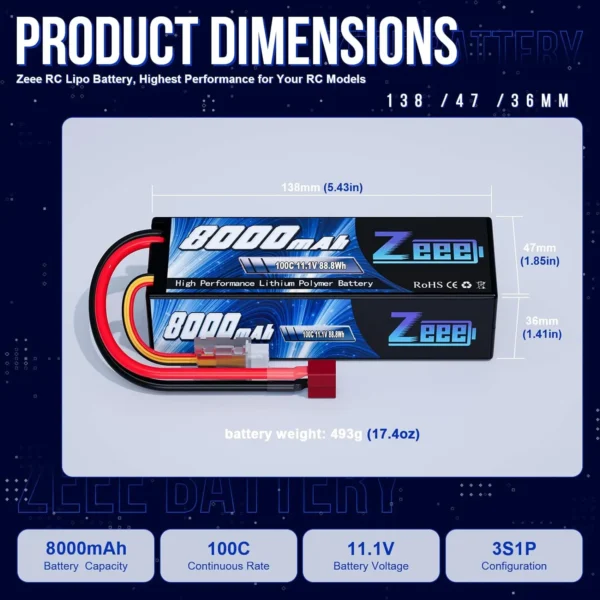 Batterie Lipo Zeee 3S 8000mAh 11.1V 100C avec Prise Deans vue 2