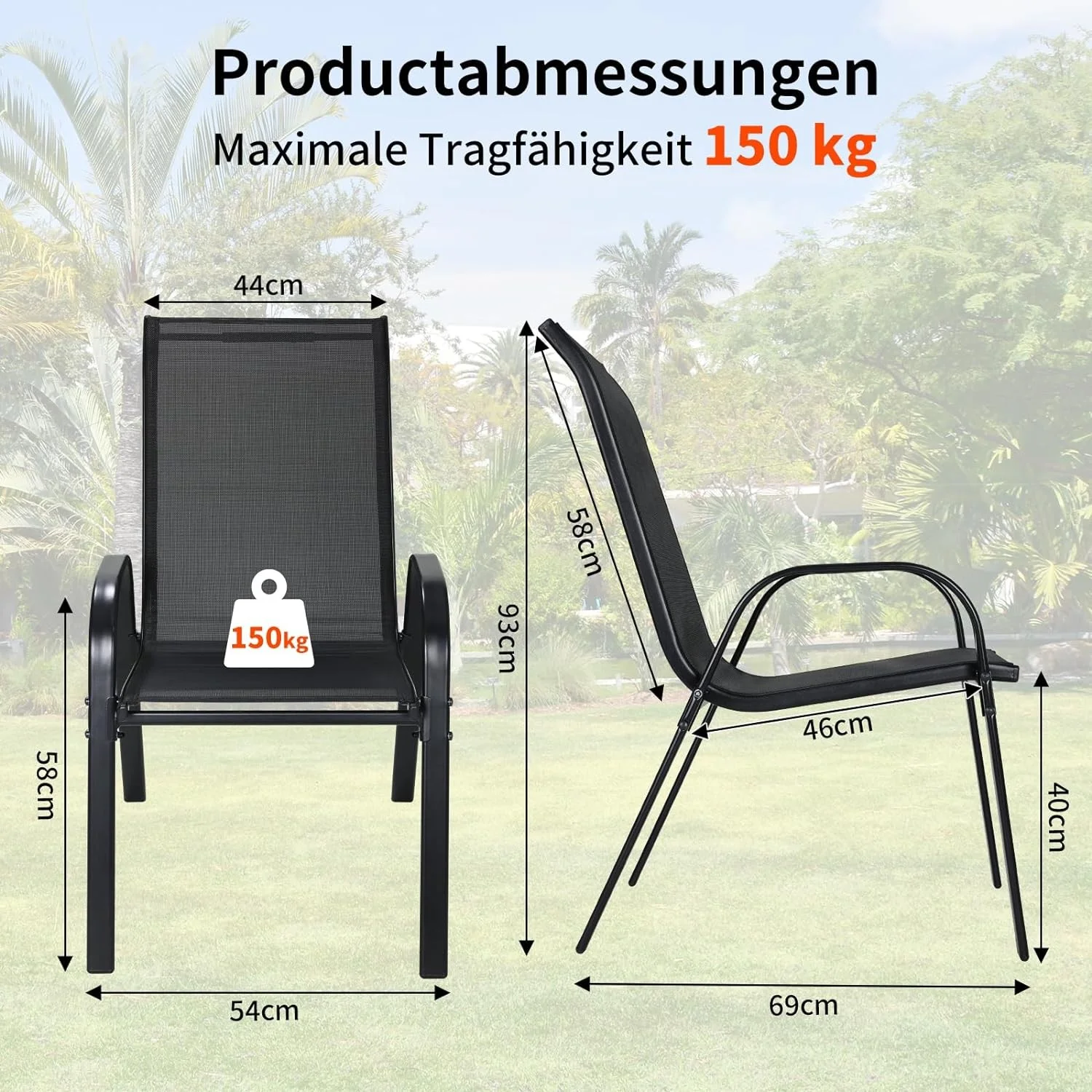 Lot de 4 Chaises de Jardin Pliantes en Acier et Tissu Teslin - Noir vue 2