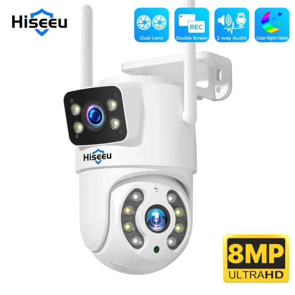 Hiseeu Caméra de Surveillance IP PTZ WiFi 4K 8MP à Double Objectif et Zoom 4X