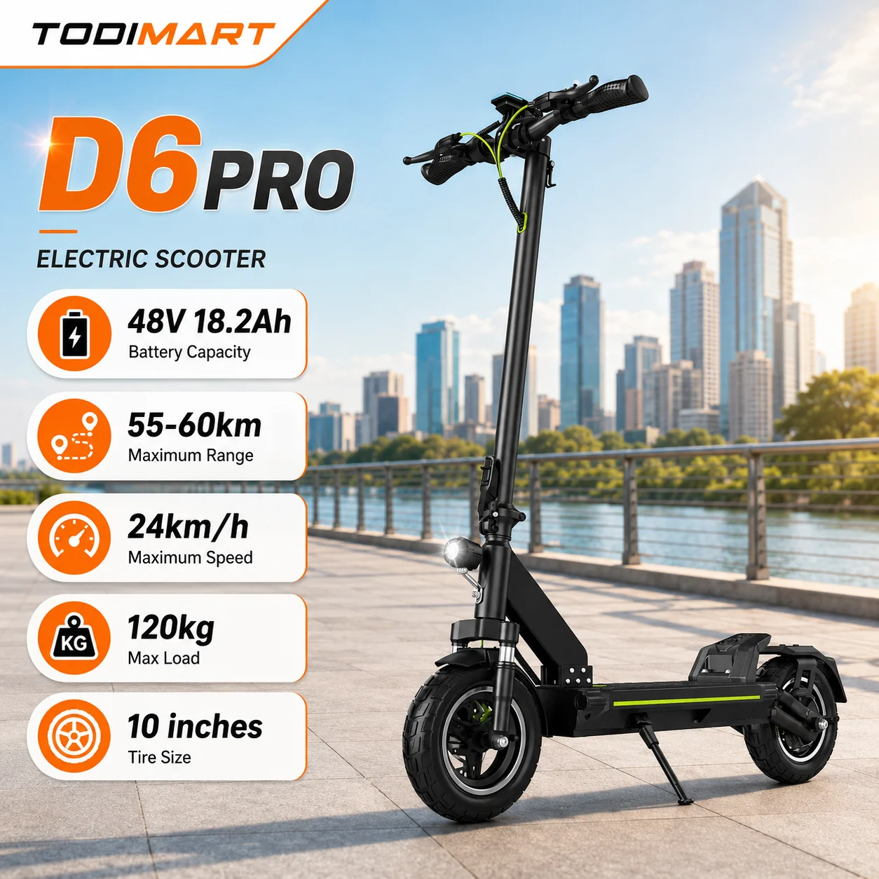 Trottinette Électrique Adulte TODIMART D6PRO Autonomie 60KM Pneus 10 Pouces