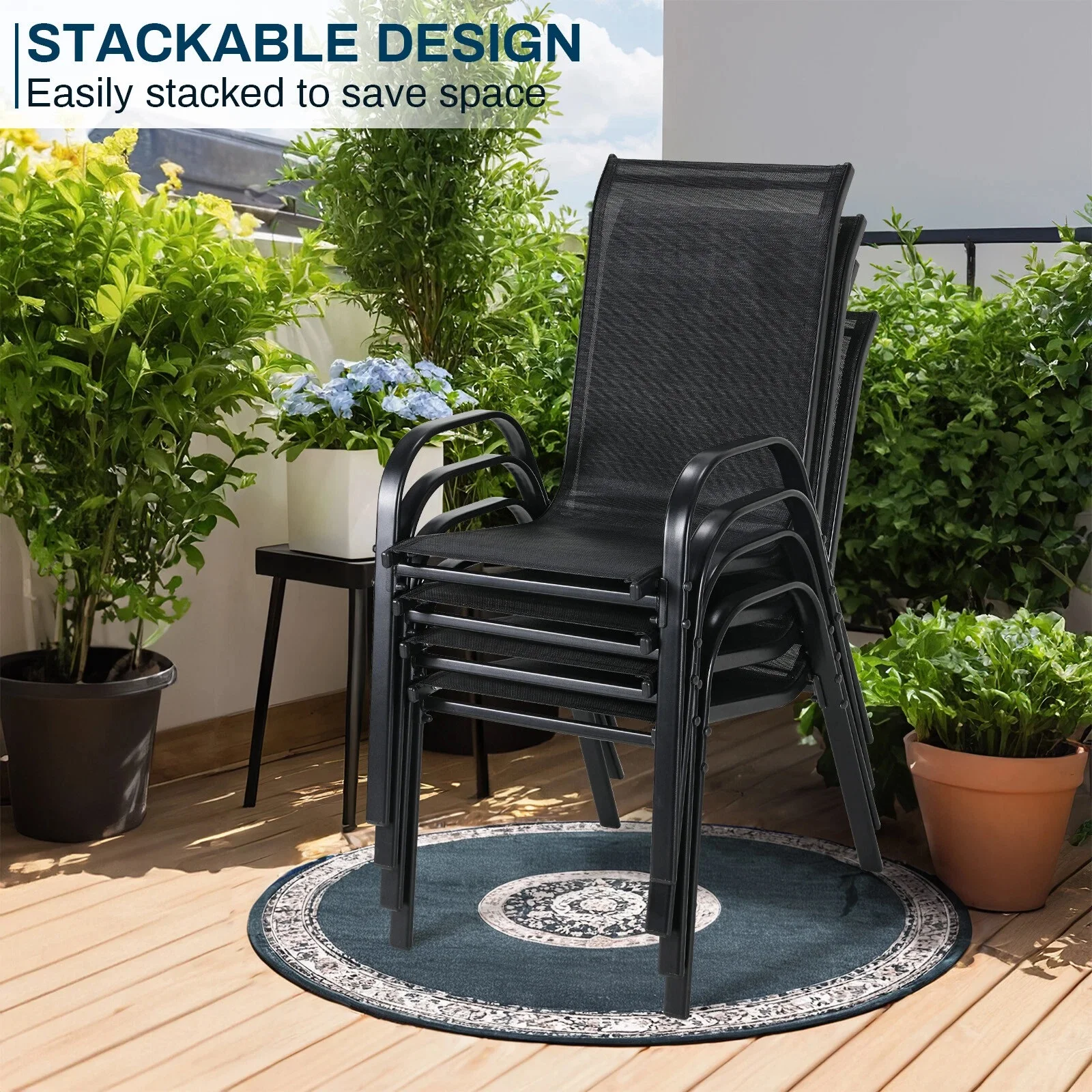 Lot de 4 Chaises de Jardin Pliantes en Acier et Tissu Teslin - Noir image 6