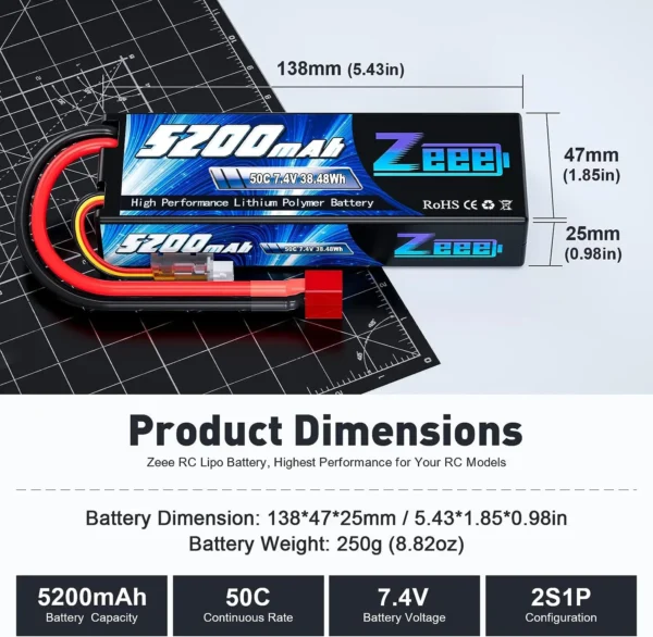 Batterie Lipo Zeee 5200mAh 7.4V 50C 2S pour Véhicules et Modèles Réduits RC vue 2